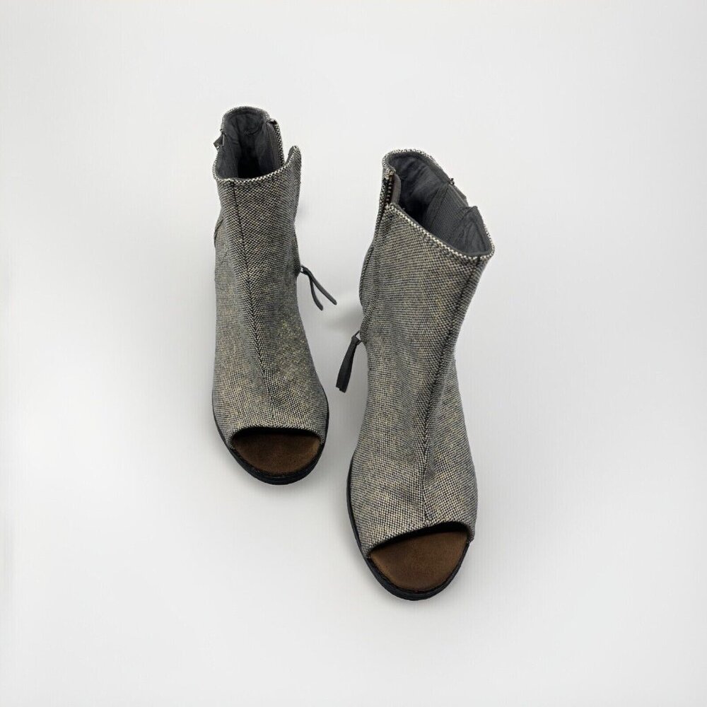 Toms Tweed Fabric Open Toe Booties Size 11 Gold Accent Thread Dark Brown Chunk H